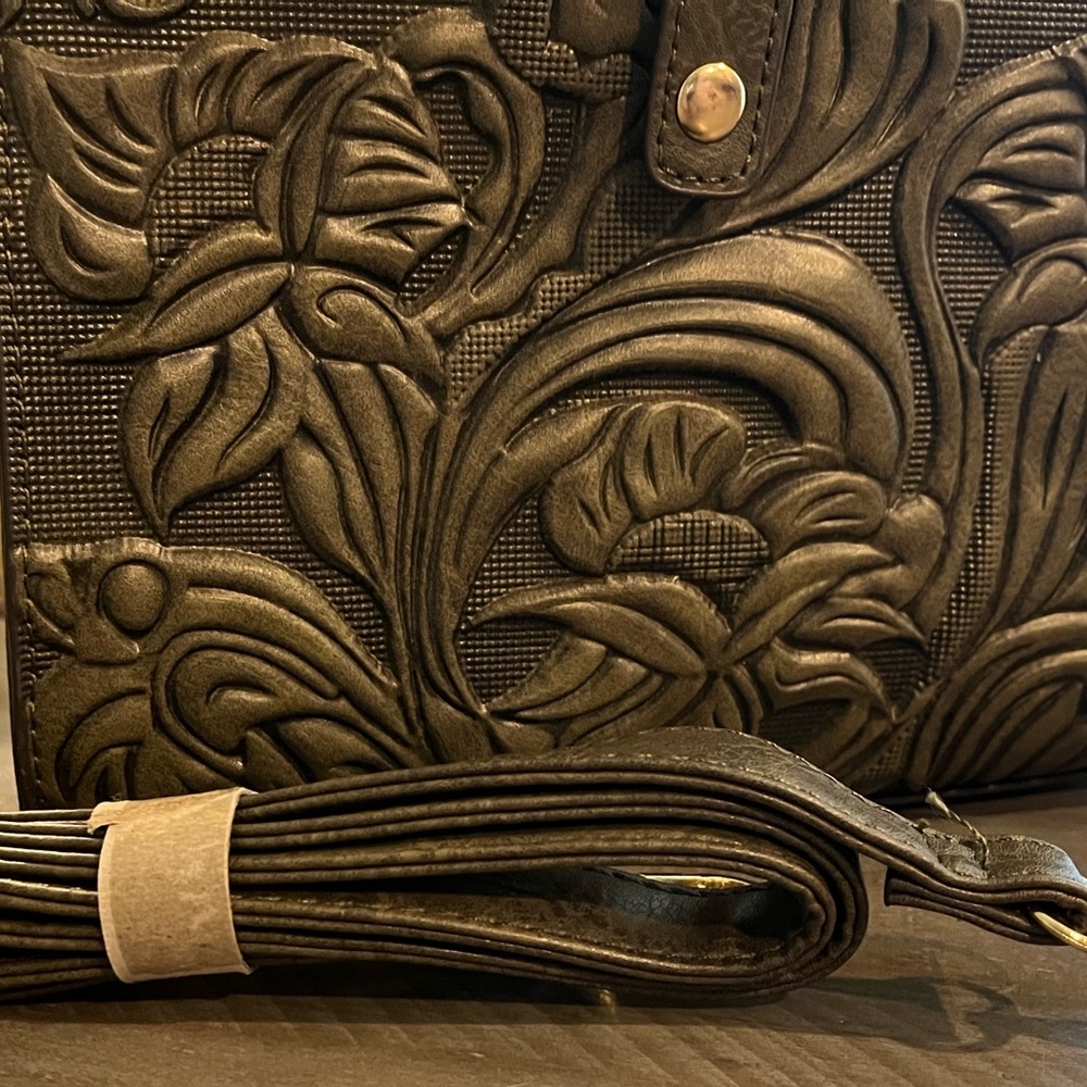 Dark Olive Green Embossed Hand-Tooled Floral Pattern Handbag
w/ Shoulder Strap - Picture 4 of 8